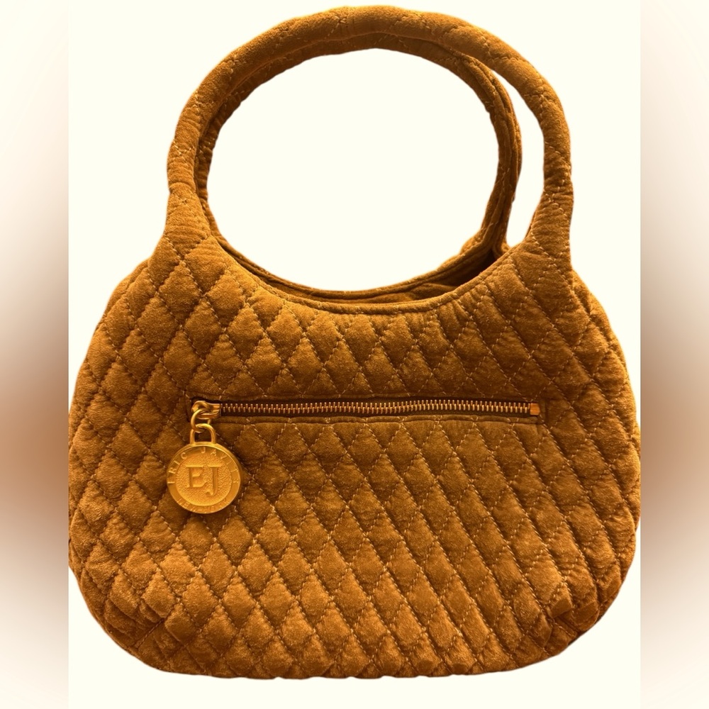 Eric Javits handbag quilted brown suede with gold accents. Deep tan color.